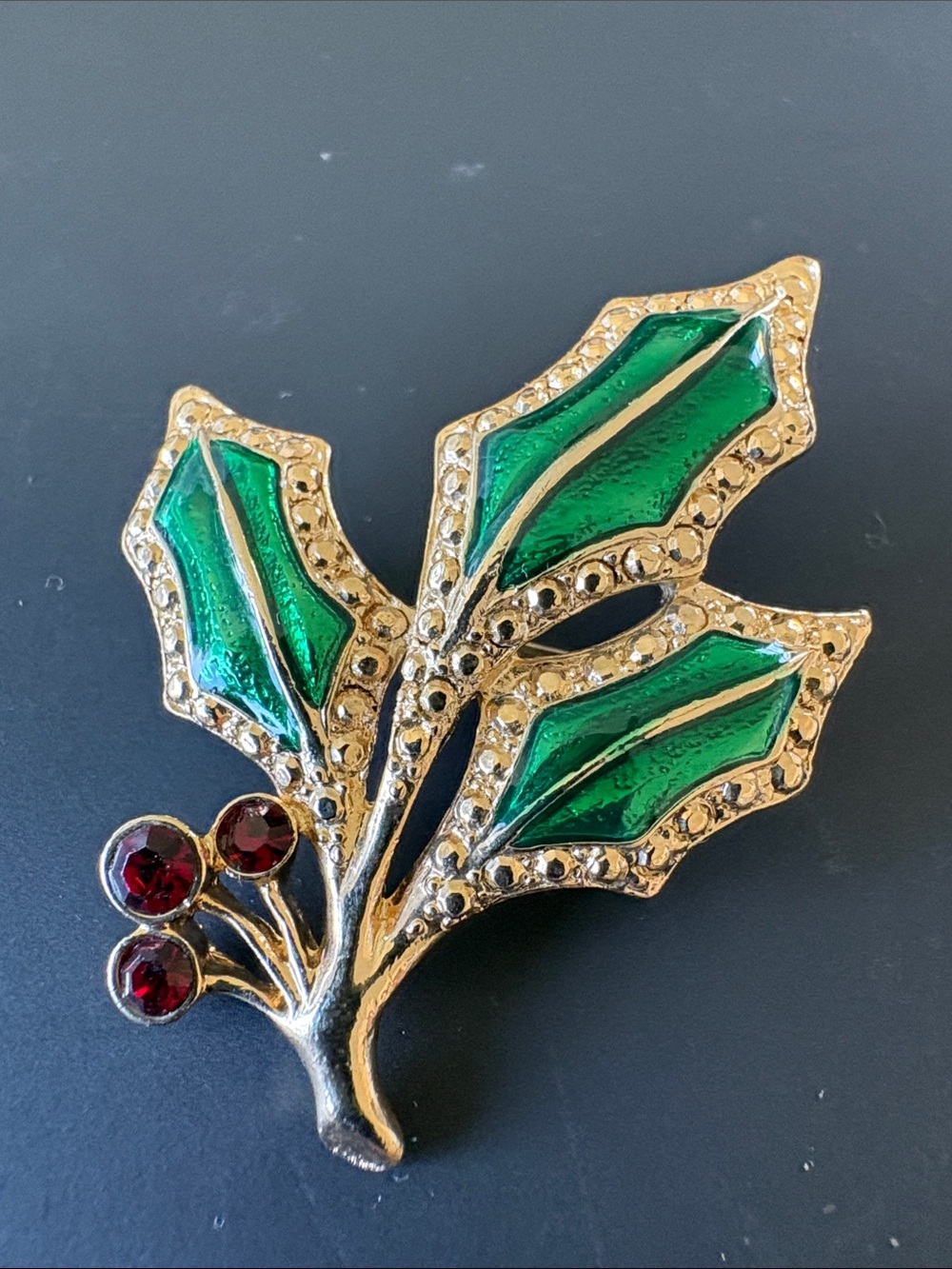 Green Enamel Holly Leaf Brooch with Red Berry Rhinestones
